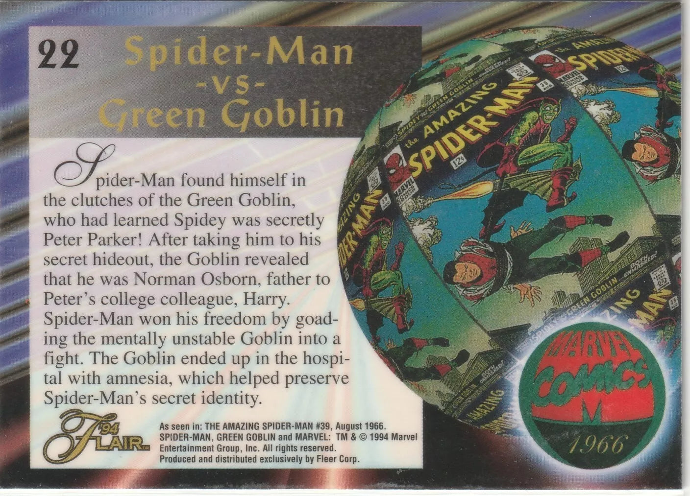 1994 Flair Marvel Inaugural Edition #22 Spider-Man vs Green Goblin Pack Fresh