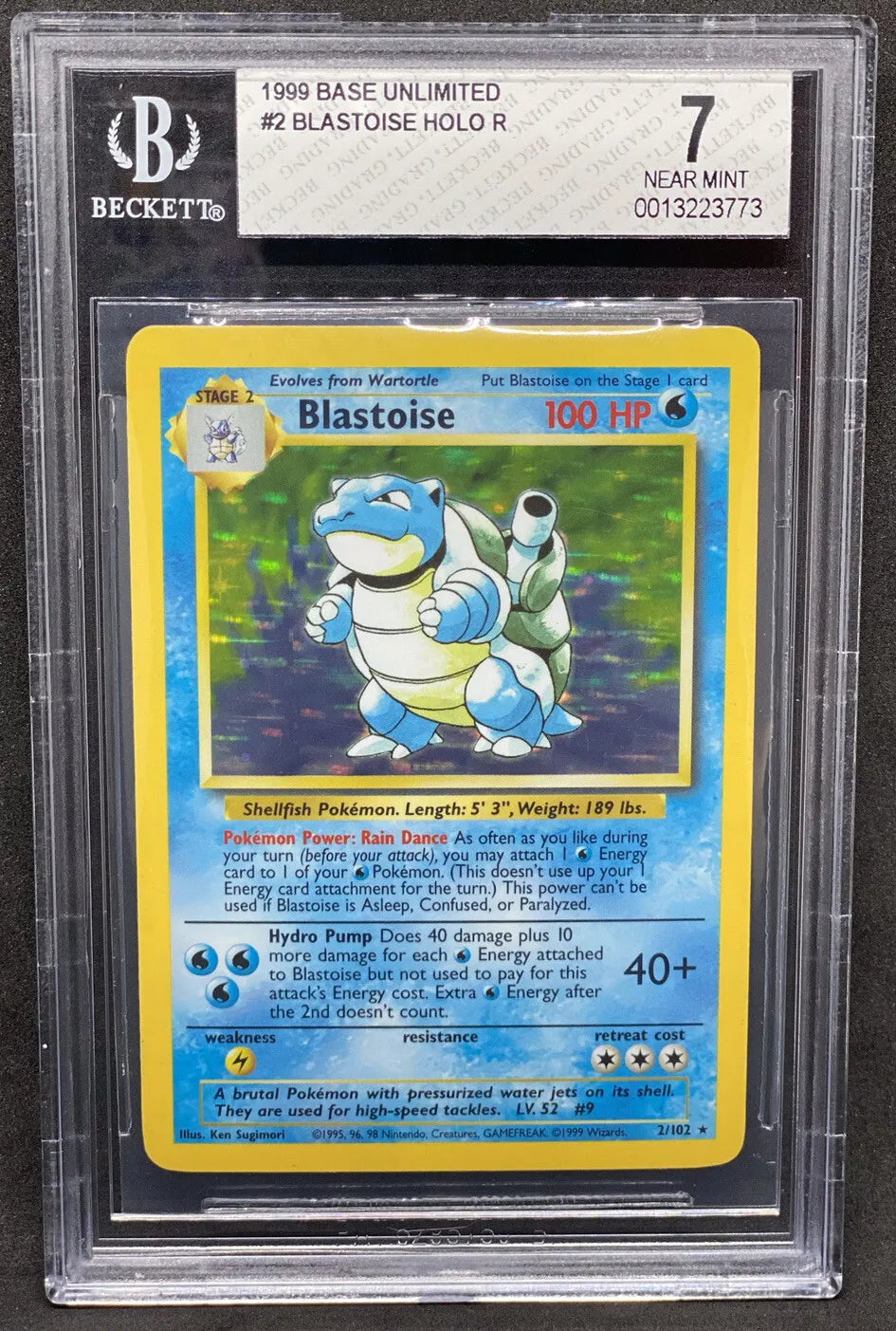 1999 Pokemon Base Set Unlimited Blastoise Holo 2/102 BGS 7 NEAR MINT WOTC