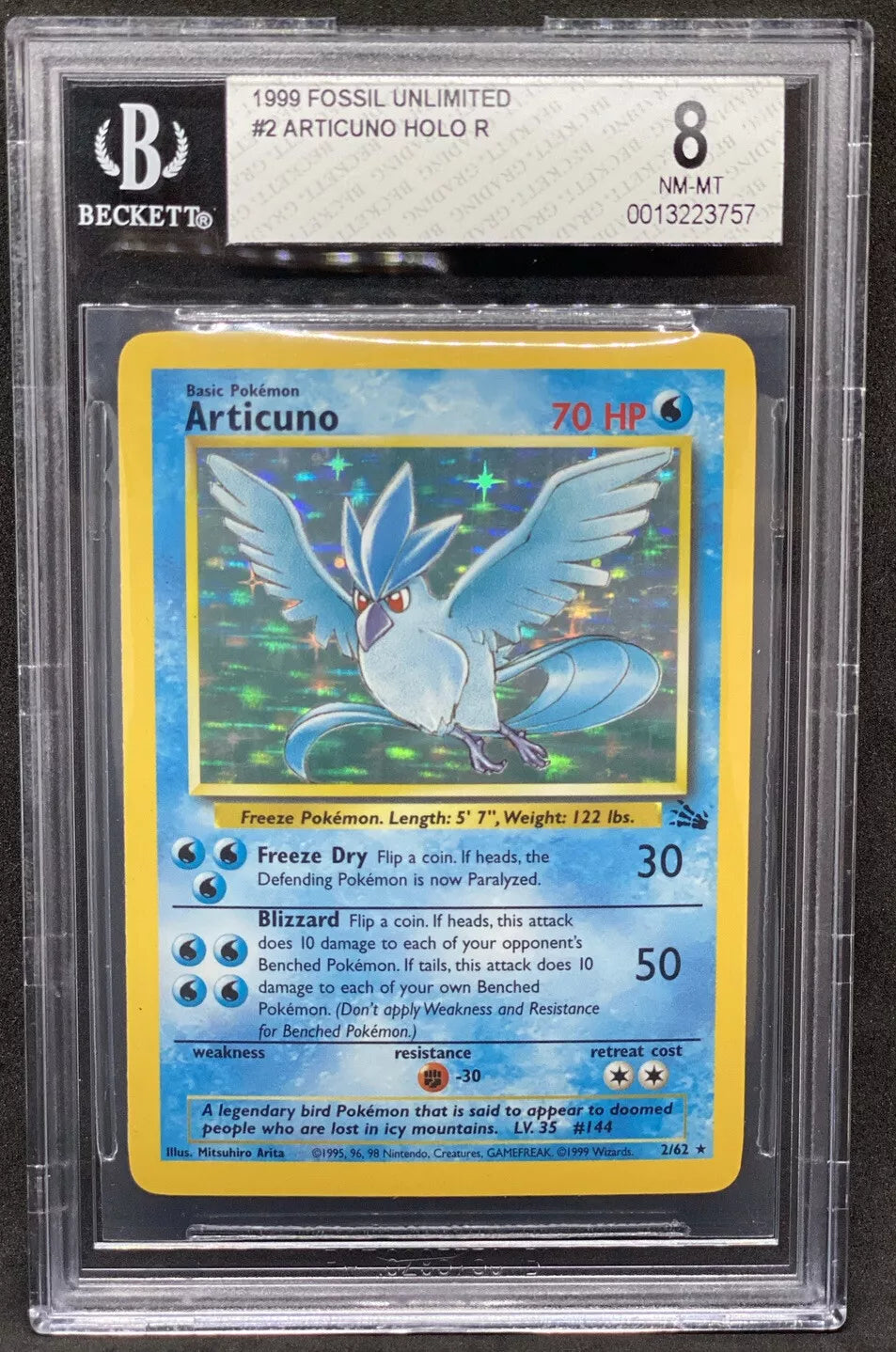 1999 Pokemon Fossil Unlimited Articuno Holo R 6/62 BGS 8 NM-Mint WOTC