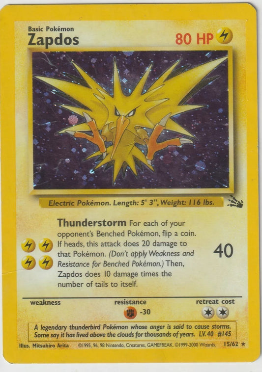 1999 Pokémon Fossil Unlimited Holo 15/62 Zapdos Legendary Bird VIntage WOTC