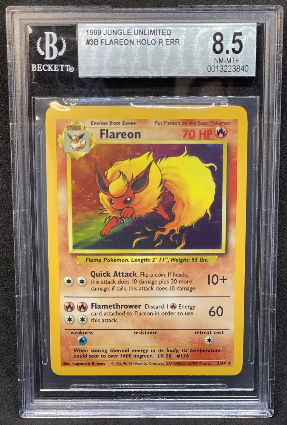 1999 Pokemon Jungle Unlimited Flareon No Symbol Error Holo BGS 8.5 NM-Mint+ WOTC