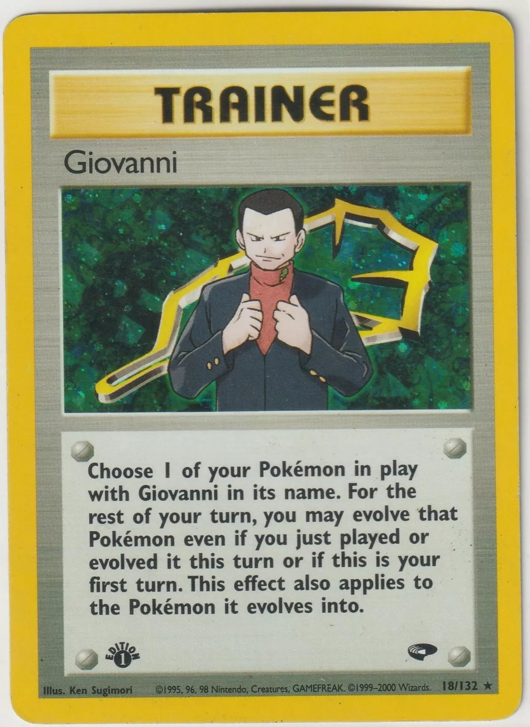 "2000 Pokémon WOTC Gym Challenge 1st Edition Holo Rare Trainer Giovanni front, featuring Giovanni with a dark background and yellow border."