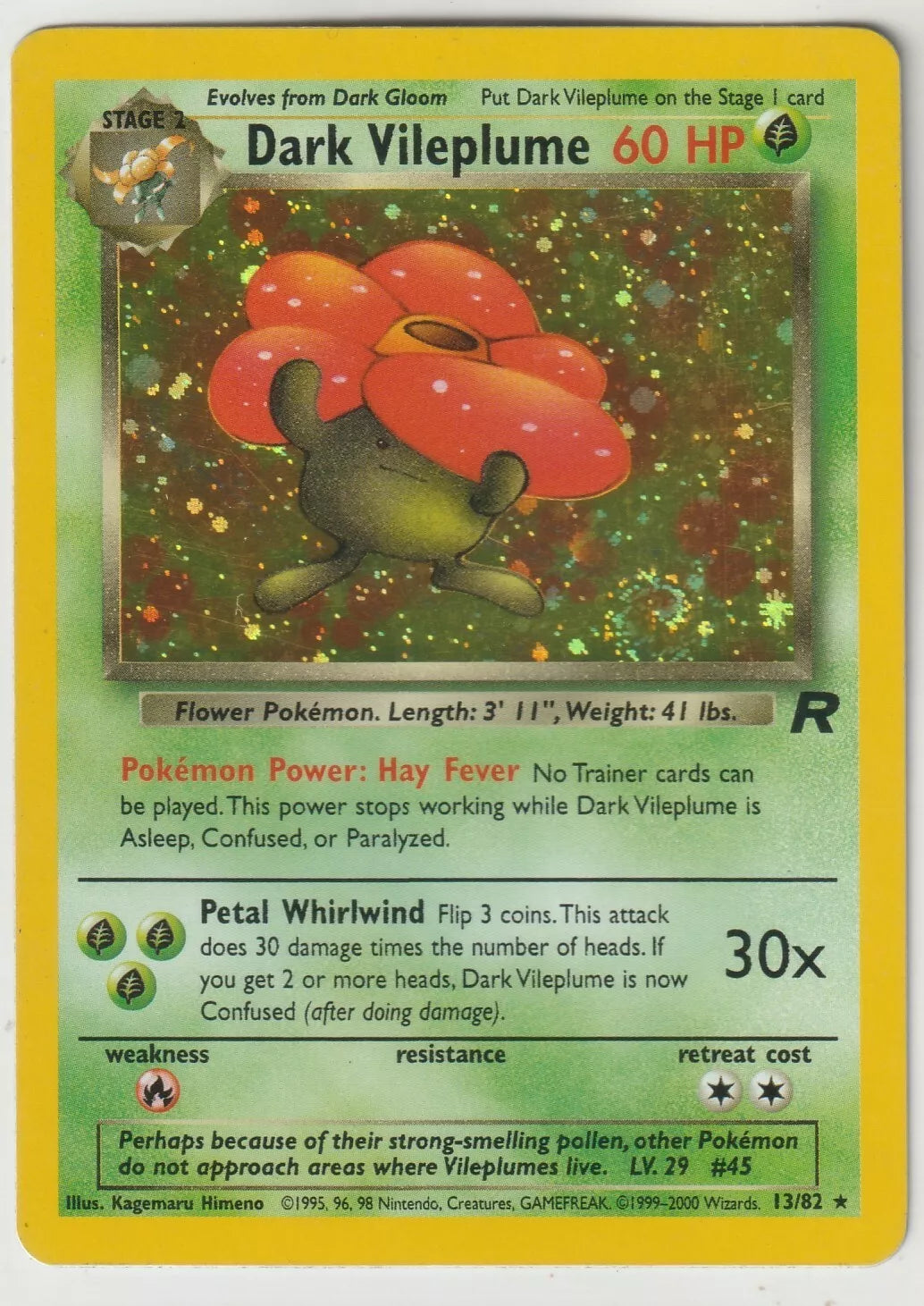 "2000 Pokémon WOTC Team Rocket Unlimited Holo Rare Dark Vileplume card front, featuring Dark Vileplume with a holofoil background."