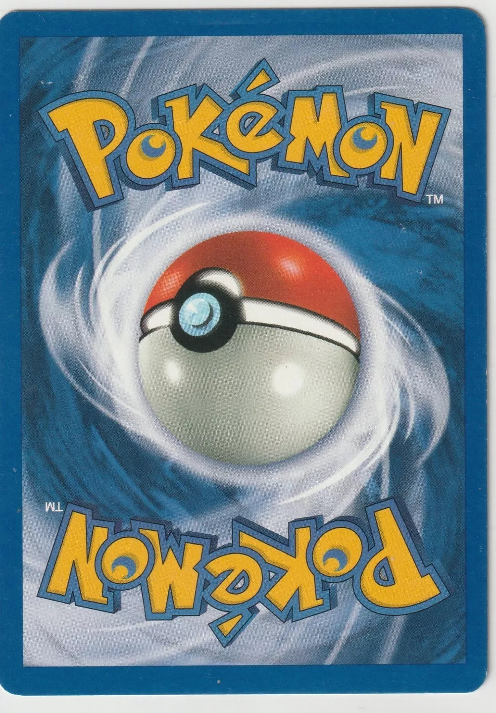 "Pokémon card back featuring a Pokéball with the Pokémon logo on top, set against a swirling blue background."