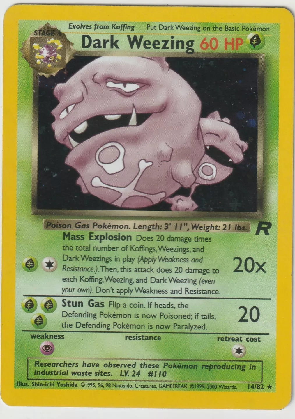 "Holographic Dark Weezing Pokémon card front view from the 2000 Team Rocket Unlimited set."