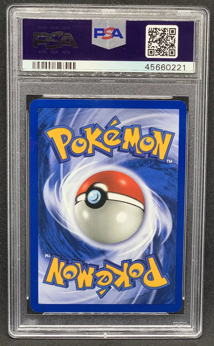 Back view of a 2001 Porygon2 Neo Revelation First Edition Pokémon card in a PSA slab, showing the classic Pokéball design."