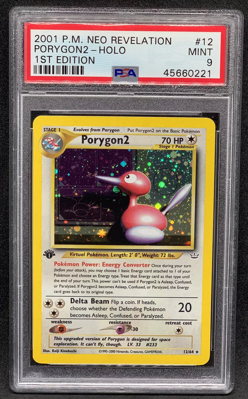  "Holographic 2001 Porygon2 Neo Revelation First Edition Pokémon card front view in a PSA 9 graded slab."