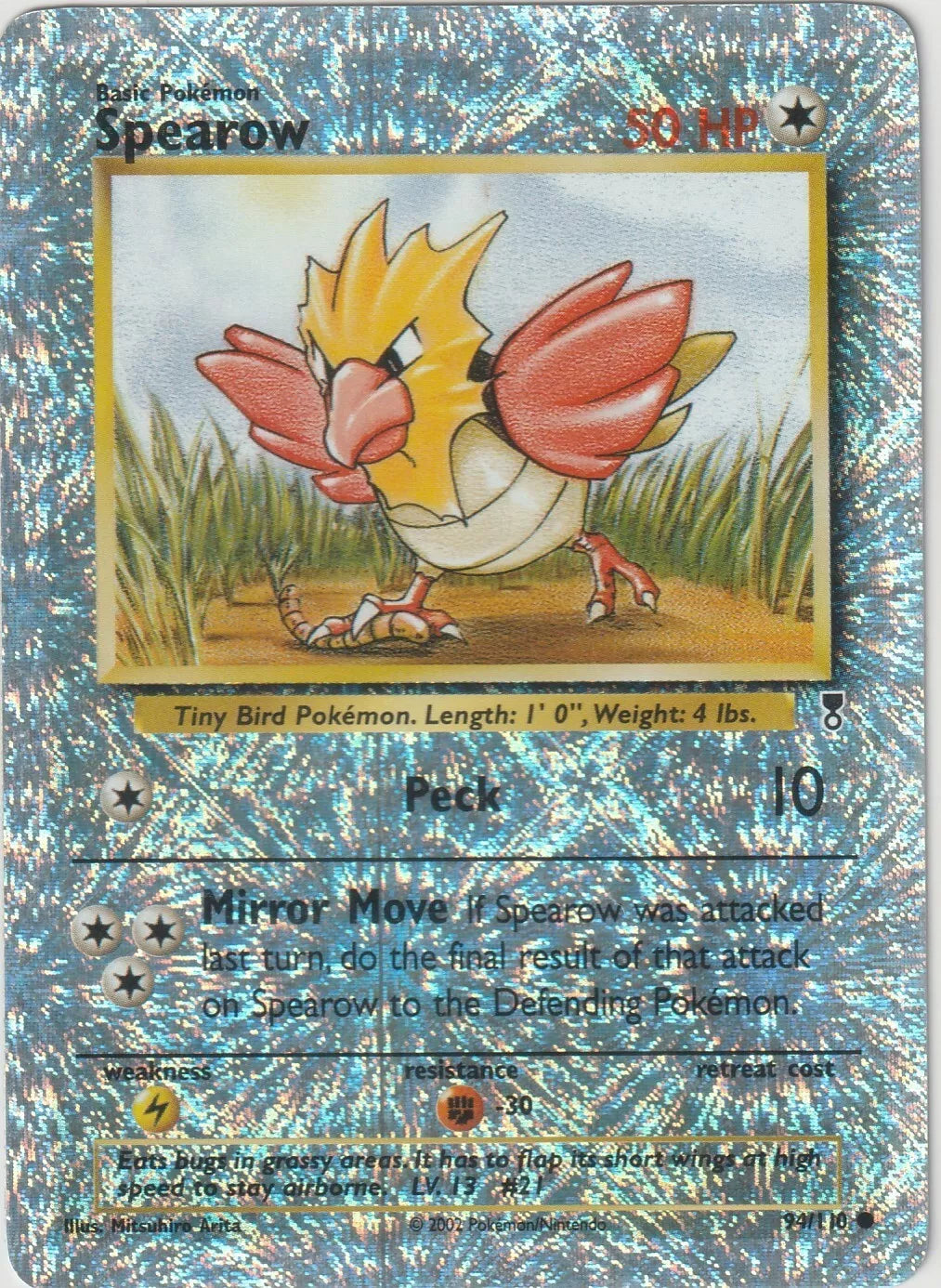 2002 Pokémon Legendary Collection Reverse Holo Foil Spearow card front showing Spearow in a grassy field with reflective holographic foil