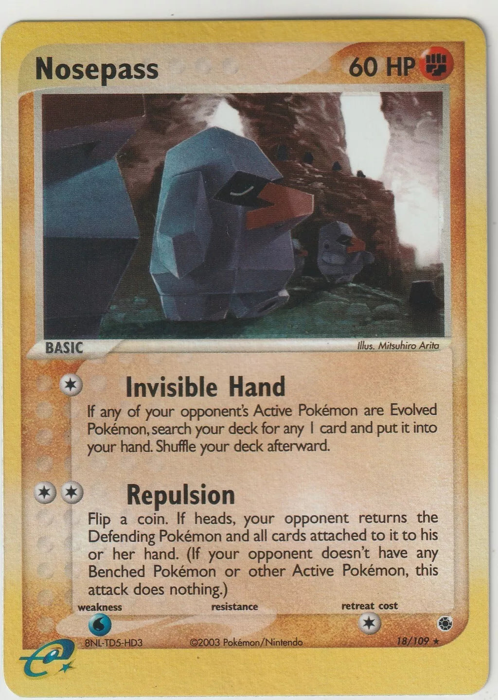 2003 Pokémon EX Ruby & Sapphire Reverse Foil Nosepass card front showing Nosepass in a rocky mountain setting, with reflective foil along the borders.