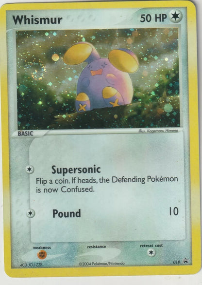 2004 Pokémon Black Star Promos Holo Foil Whismur card front with Whismur standing in a dazzling, holographic forest-like background.