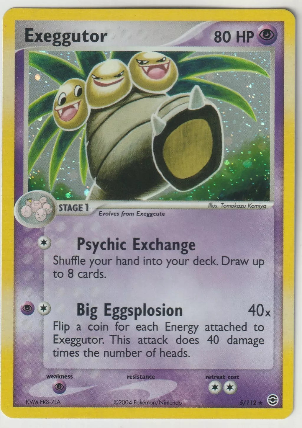 2004 Pokémon EX Fire Red & Leaf Green Holo Foil Exeggutor card front with shimmering foil background, featuring Exeggutor’s iconic multi-headed palm tree design.