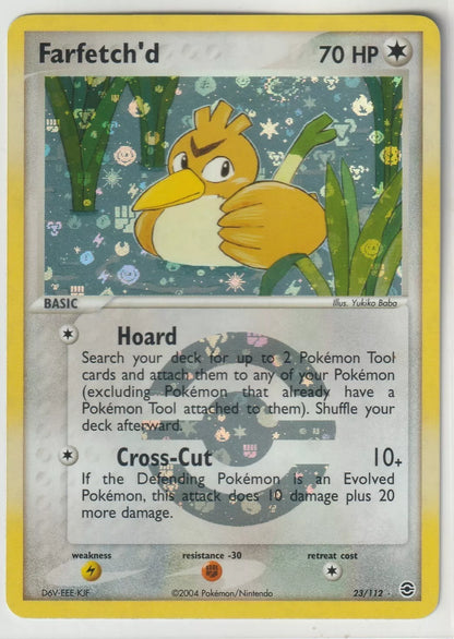 2004 Pokémon EX Fire Red & Leaf Green Reverse Holo Foil Farfetch'd card front featuring Farfetch'd holding a leek with a shimmering foil background.