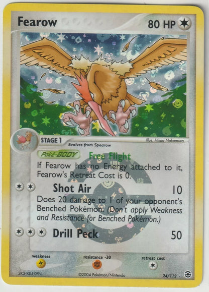 2004 Pokémon EX Fire Red & Leaf Green Reverse Holo Foil Fearow card front featuring Fearow in flight with a shimmering starry foil background.