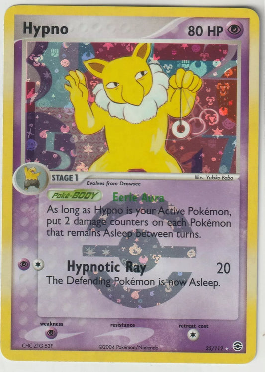 2004 Pokémon EX Fire Red & Leaf Green Reverse Holo Foil Hypno card front featuring Hypno with a dazzling foil background and hypnotic pendulum.