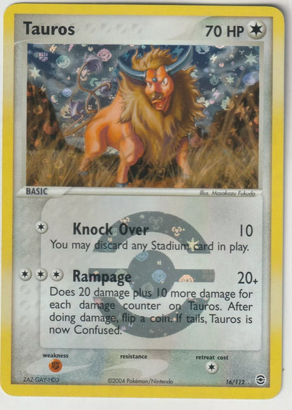 A holographic Tauros Pokémon card featuring the Pokémon in a cosmic landscape with attack details, 70 HP, and a reverse foil background.