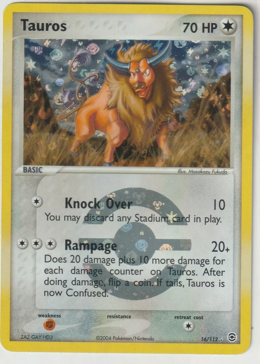 A holographic Tauros Pokémon card featuring the Pokémon in a cosmic landscape with attack details, 70 HP, and a reverse foil background.