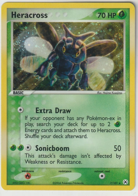 A holographic Heracross Pokémon card with the Pokémon in a dark, star-filled setting, featuring attack details and 70 HP.