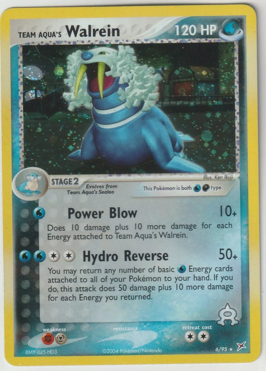  A holographic Team Aqua's Walrein Pokémon card featuring the Pokémon in a dark, scenic background, with attack details and 120 HP.