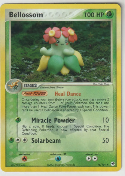 A reverse holo Bellossom Pokémon card featuring the Pokémon in a forest with attack and power details, 100 HP, and a sparkling foil background.