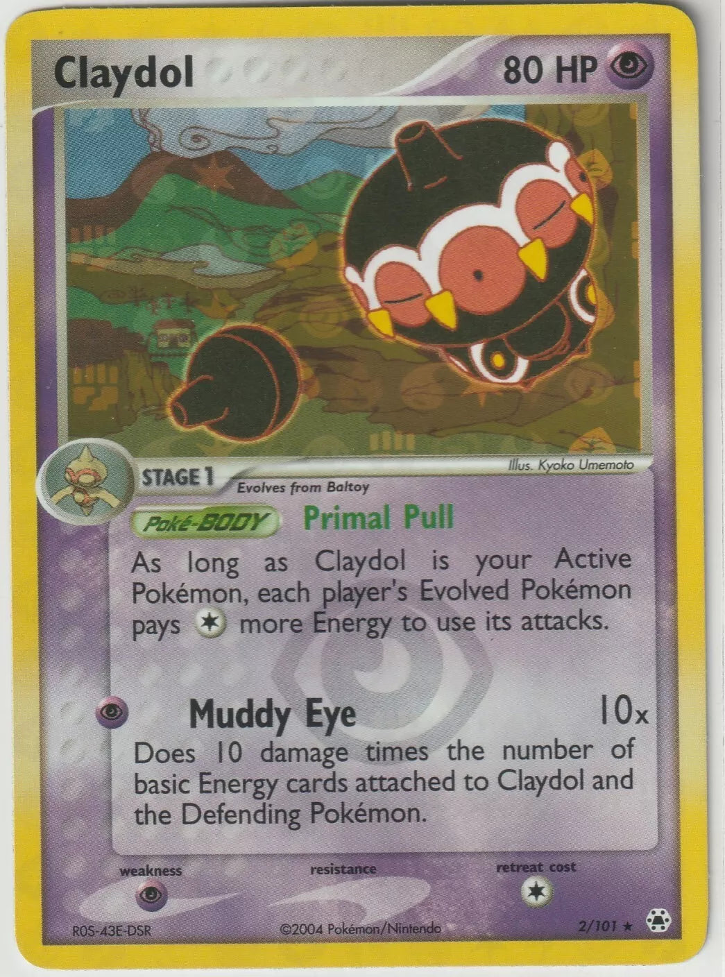 A reverse holo Claydol Pokémon card featuring the Pokémon in a mountainous landscape with attack and body details, 80 HP, and a holographic foil background.