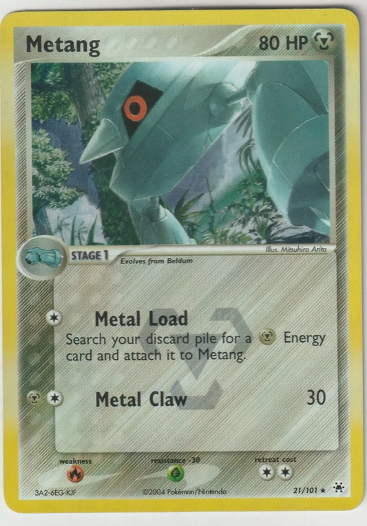  A reverse holo Metang Pokémon card featuring the Pokémon in a forest, displaying 80 HP, with Metal Load and Metal Claw as its moves.

