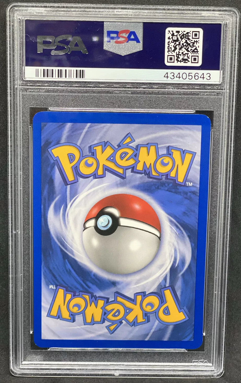 Standard Pokémon card back featuring a large Pokéball in the center, encased in a PSA slab with certification number 43405643.