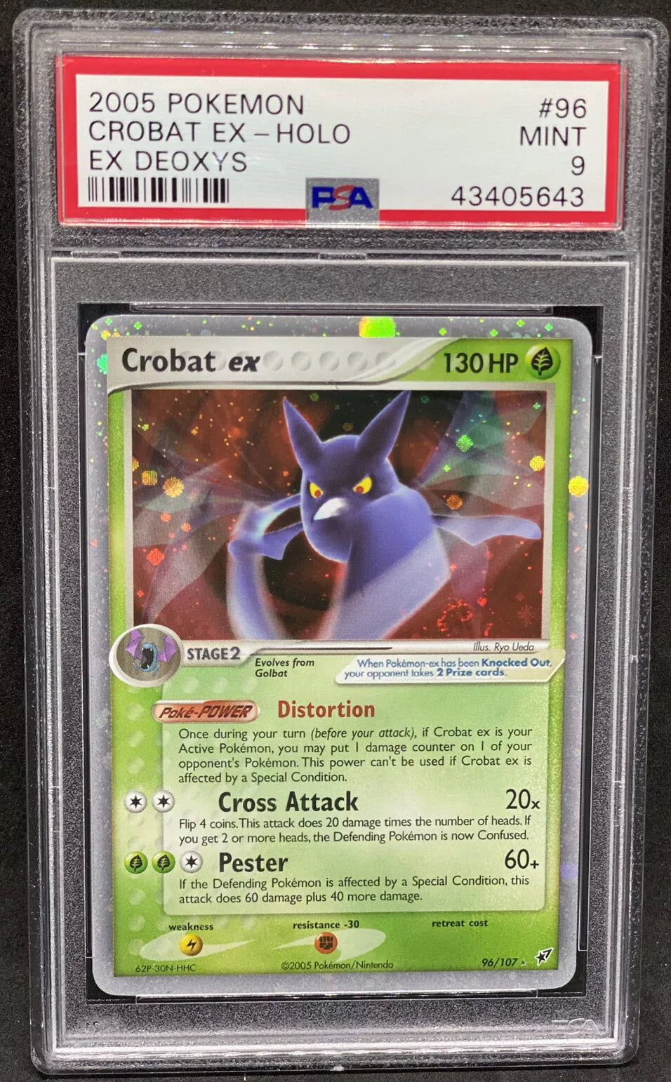 A holographic Crobat EX Pokémon card featuring the Pokémon with outstretched wings against a shimmering background, with attack details and a PSA 9 Mint grade.