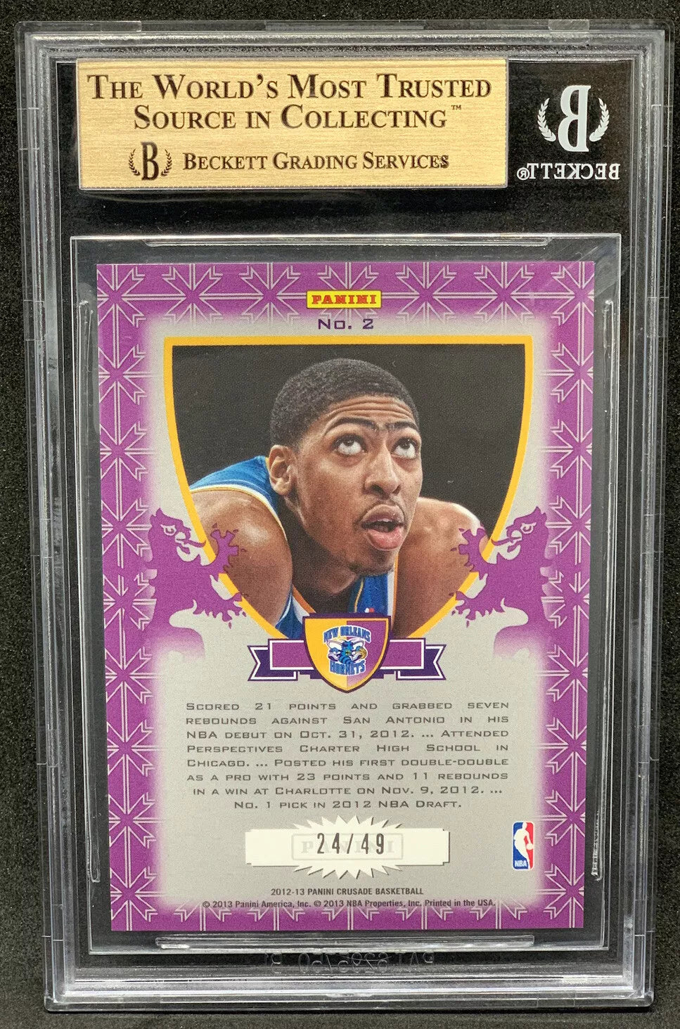 The back of an Anthony Davis 2012-13 Panini Crusade rookie card, showing his New Orleans Hornets portrait and the card number 24/49.