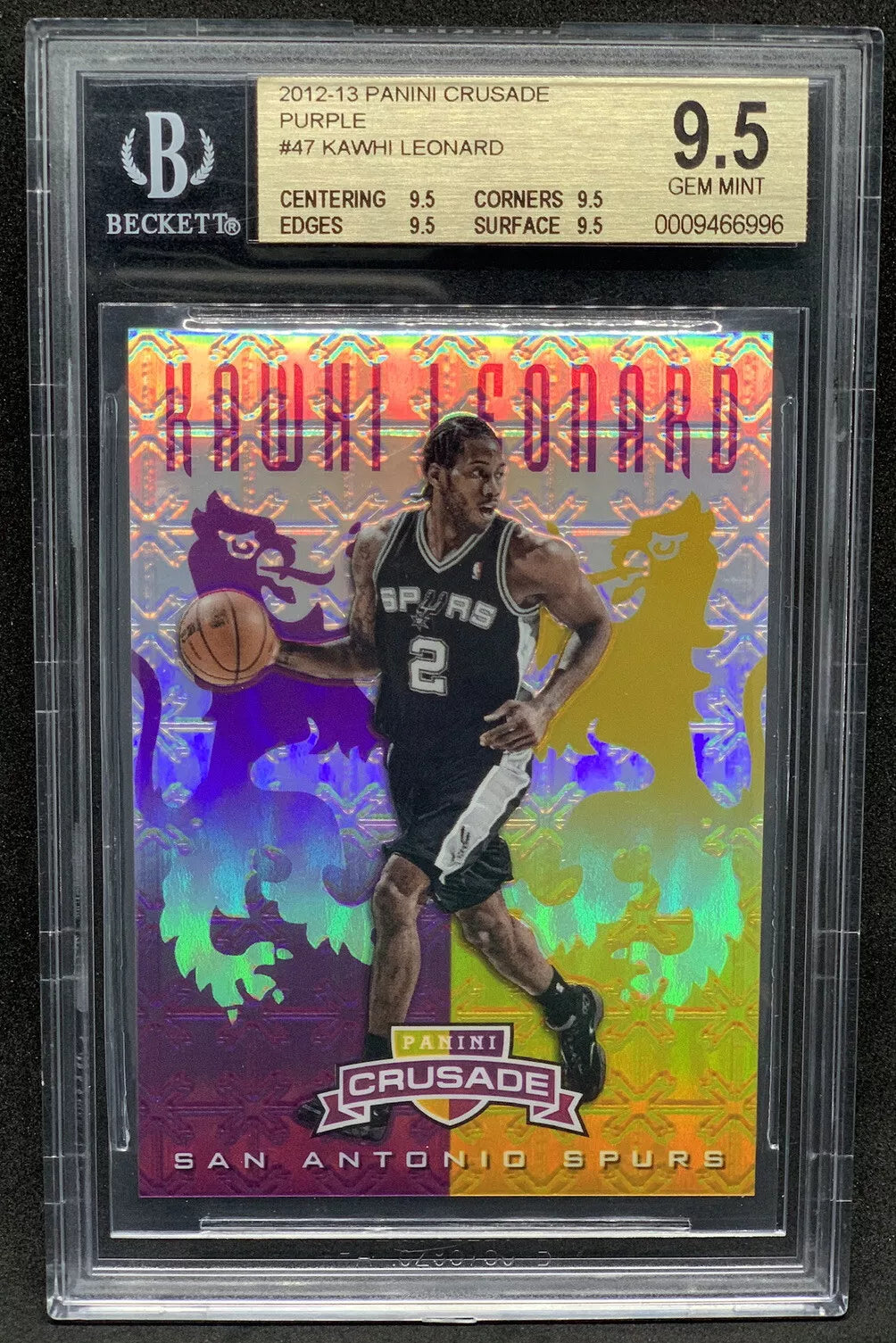 A holographic purple Prizm rookie card featuring Kawhi Leonard dribbling in a San Antonio Spurs uniform, graded 9.5 GEM MINT by Beckett.