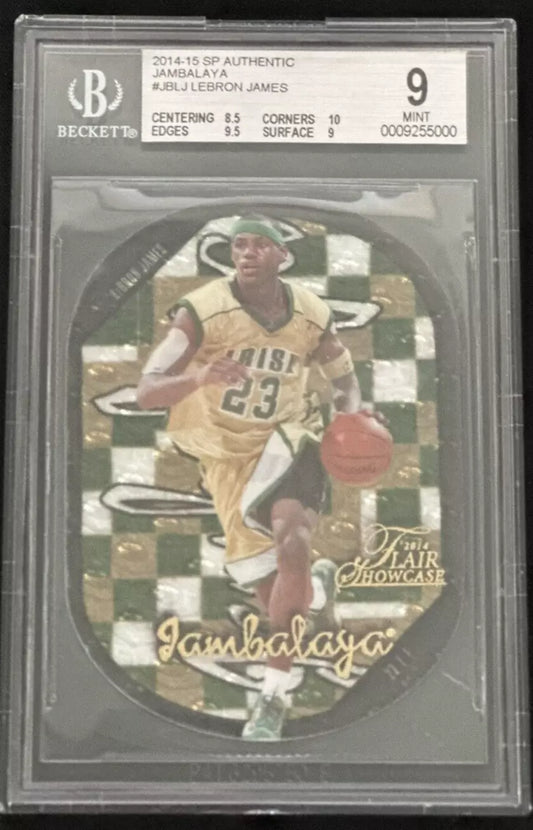  "2014-15 SP Authentic Jambalaya #JBLJ LeBron James card graded BGS 9 Mint, featuring LeBron in his high school uniform with a glossy checkered background and gold 'Jambalaya' text."