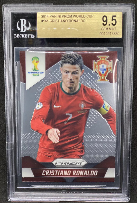 Cristiano Ronaldo in Portugal national team kit, Panini Prizm 2014 World Cup card design, featuring World Cup logo and action shot.