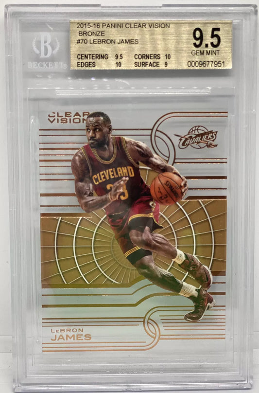 A bronze-themed LeBron James Clear Vision card showing him dribbling in a Cleveland Cavaliers uniform, graded 9.5 GEM MINT by Beckett.