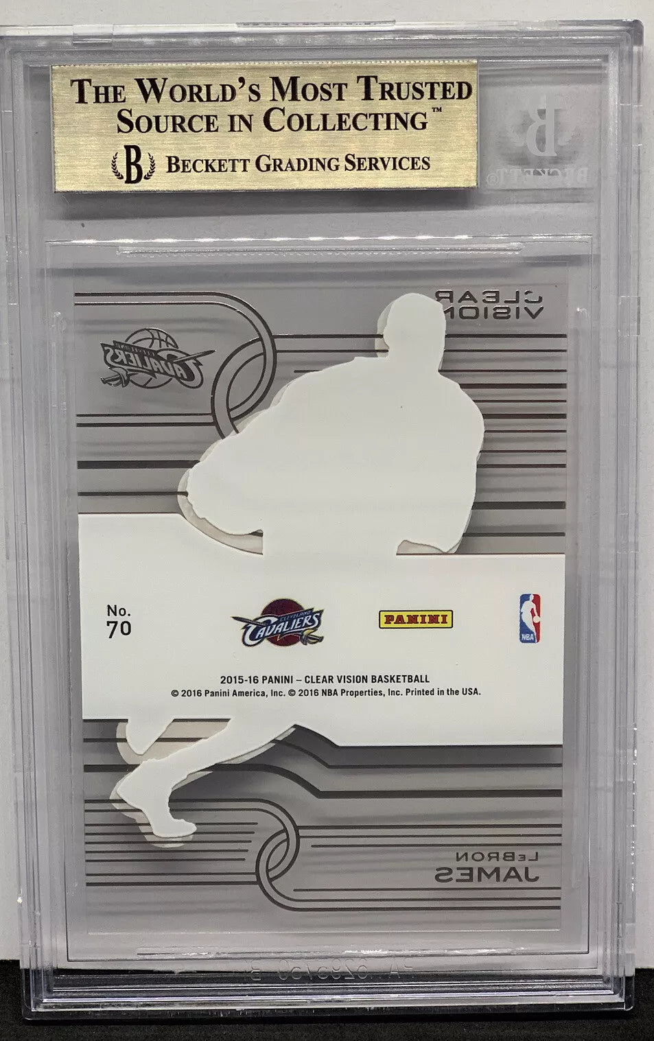 The back of a LeBron James 2015-16 Panini Clear Vision Gold card, showing a silhouette design and card number 70 from the Cavaliers set.