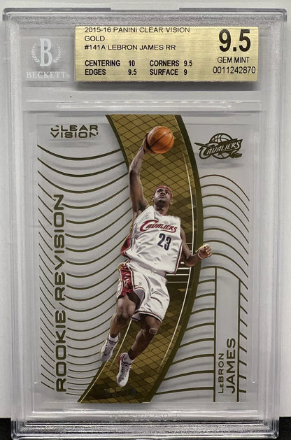 A clear acetate card featuring LeBron James in his Cleveland Cavaliers uniform, part of the "Rookie Revision" series with gold accents, graded 9.5 GEM MINT by Beckett.