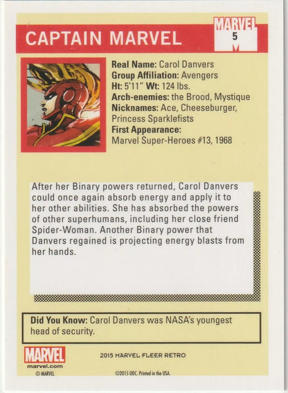 The back of the card provides details about Captain Marvel’s real name, powers, affiliations, and a fun fact about her time as NASA’s youngest head of security.