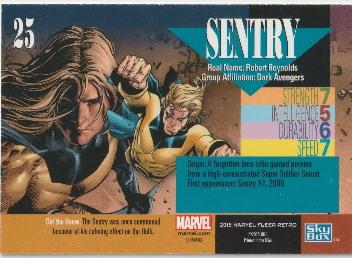 The back of the card provides information about Sentry’s real name, stats, origin, and a fun fact about his ability to calm the Hulk.