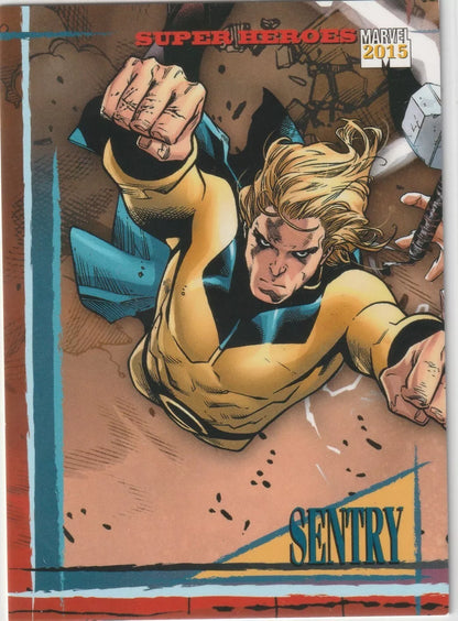 Sentry flying forward in his yellow and blue costume, punching through a background of debris with his long blonde hair flowing behind him.