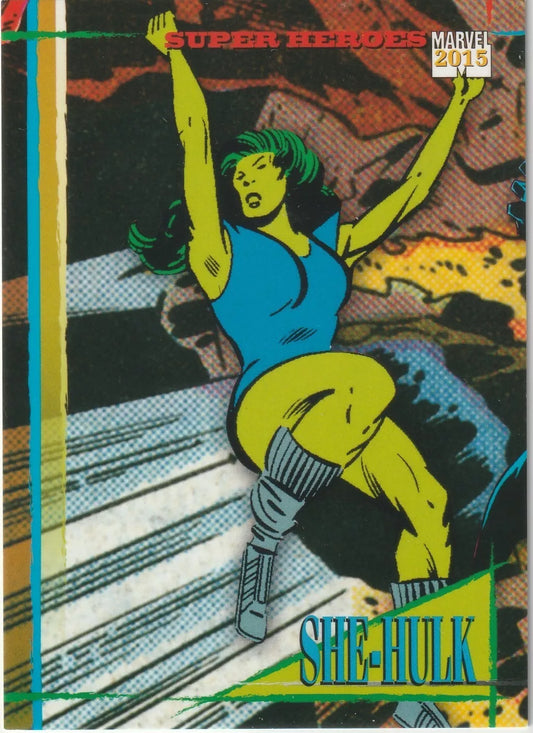 She-Hulk in her blue outfit, leaping forward with her arms raised in a dynamic action pose, against a background of intense motion.