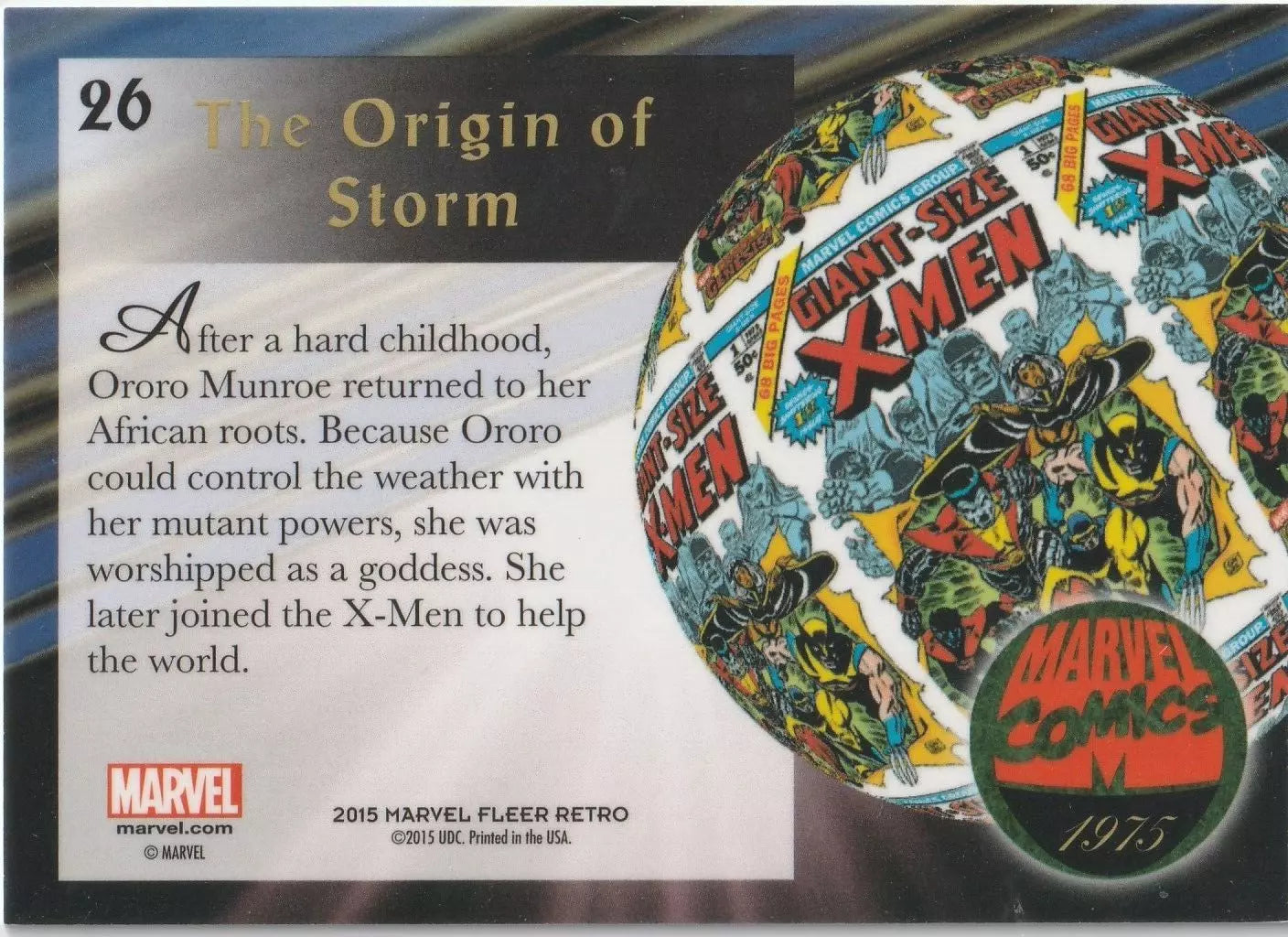 The back of the card narrates the origin story of Ororo Munroe, known as Storm, highlighting her return to her African roots and her journey to becoming an X-Men member.