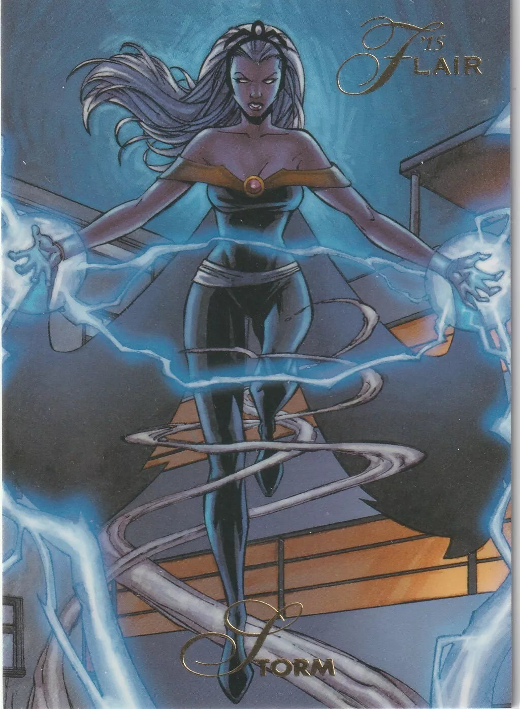 Storm standing confidently, controlling lightning with her hands in a commanding pose, her white hair flowing around her as she wears her classic black costume.