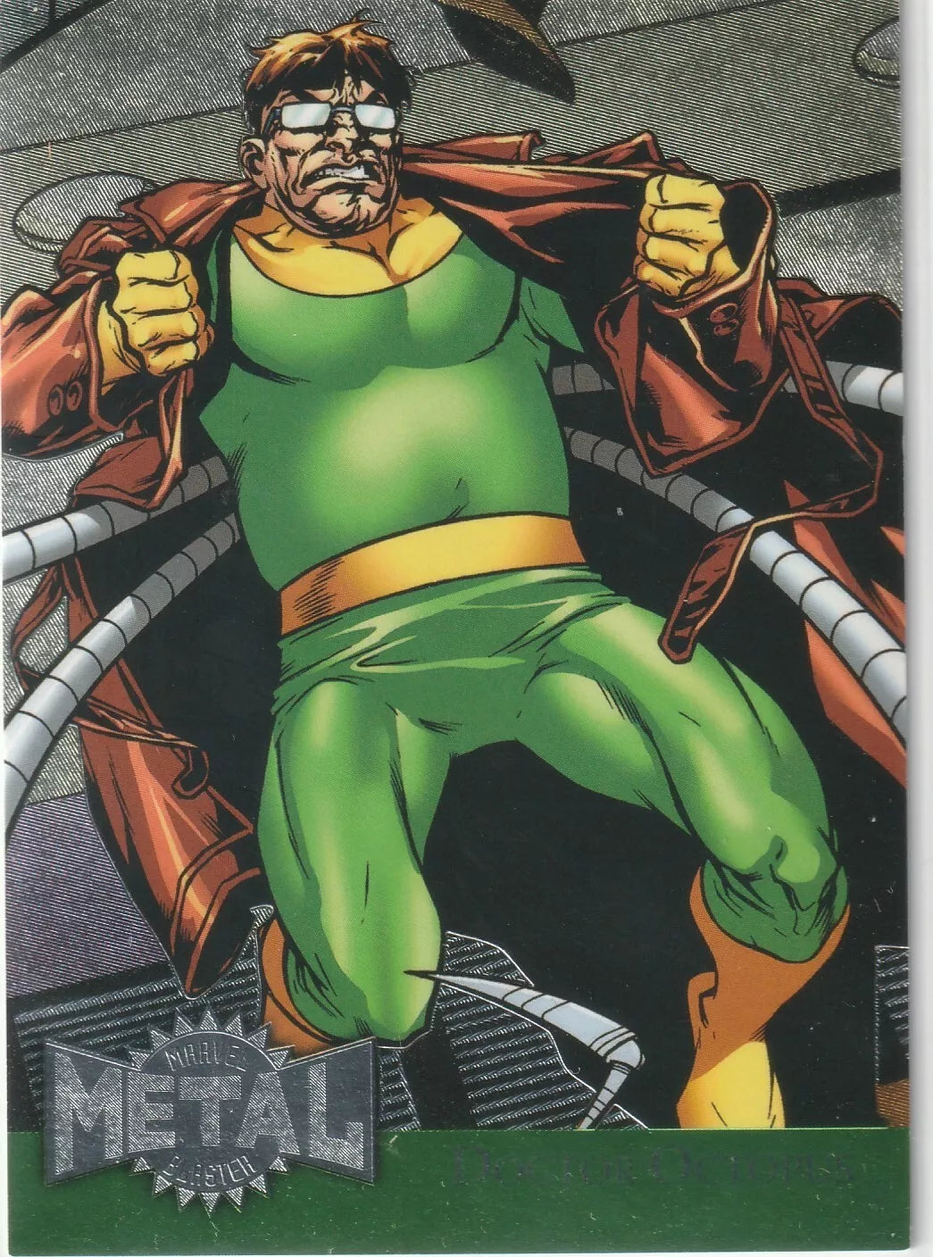 Doctor Octopus in his green suit and yellow gloves, removing his trench coat as his mechanical arms extend behind him in a ready stance.