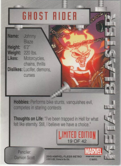 The back of the card displays information about Ghost Rider, including his stats and a quote about his life in Hell. The card is labeled as a limited edition, 19 out of 42.