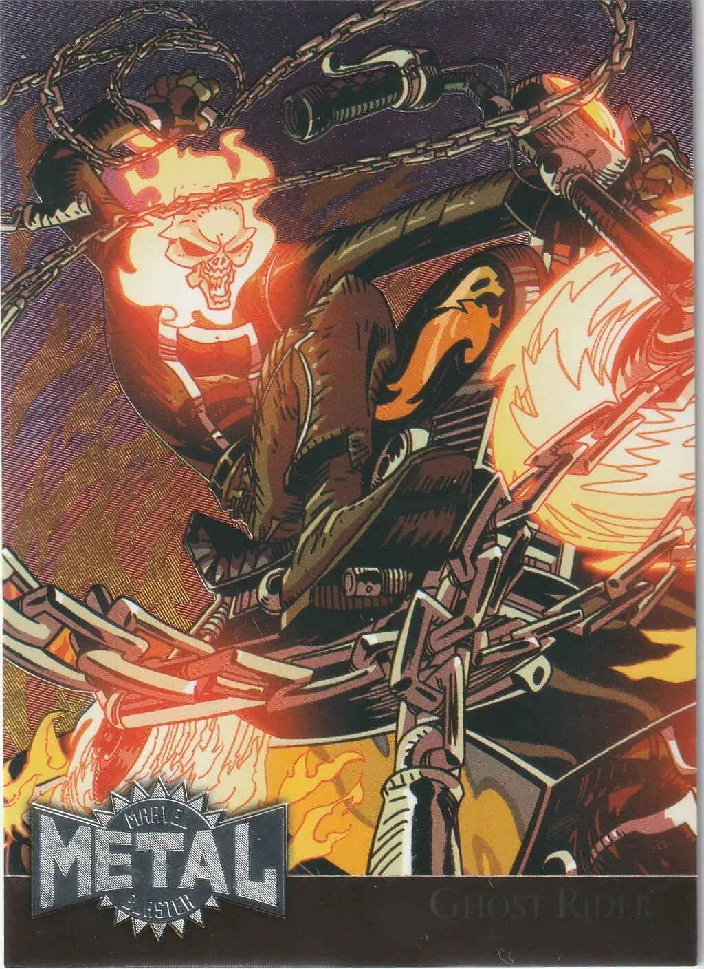 Ghost Rider, with his flaming skull, rides a motorcycle through a fiery landscape, chains swirling around him. The card features a metallic finish that enhances the action and intensity of the scene.