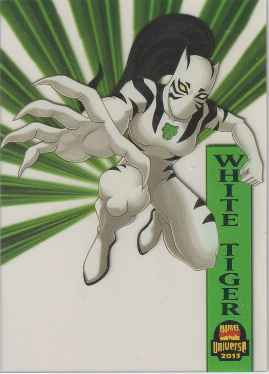 2015 Marvel Fleer Retro Universe Suspended Animation #30 White Tiger front view, showing the character in an action pose against a green burst background