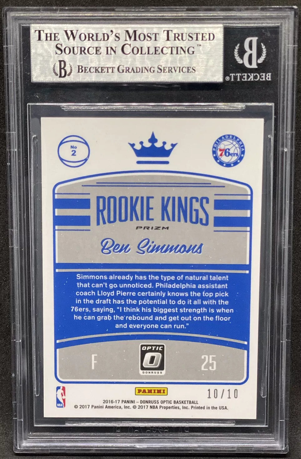 "Back of the 2016-17 Panini Donruss Optic Rookie Kings Gold Holo Prizm Ben Simmons card with player biography, Rookie Kings logo, and 10/10 numbering."