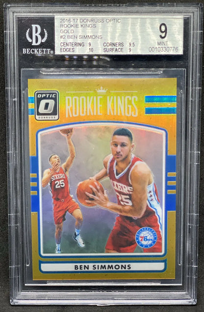 "2016-17 Panini Donruss Optic Rookie Kings Gold Holo Prizm Ben Simmons BGS 9 Mint, featuring Simmons in his 76ers jersey with a holographic gold design and action shots."