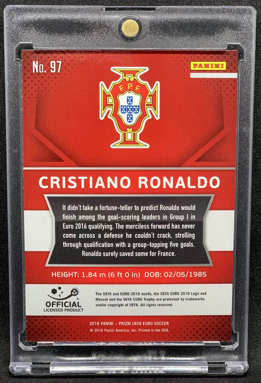 Cristiano Ronaldo’s Euro 2016 qualification highlights on his Panini Prizm card, featuring his five-goal campaign and Portugal Football Federation crest.
