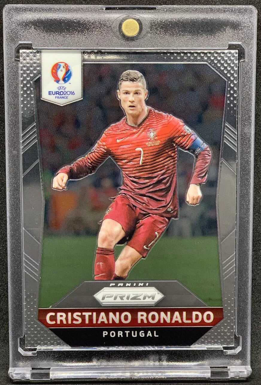 Cristiano Ronaldo in Portugal national team kit, Panini Prizm Euro 2016 card design featuring Euro 2016 logo and action pose.