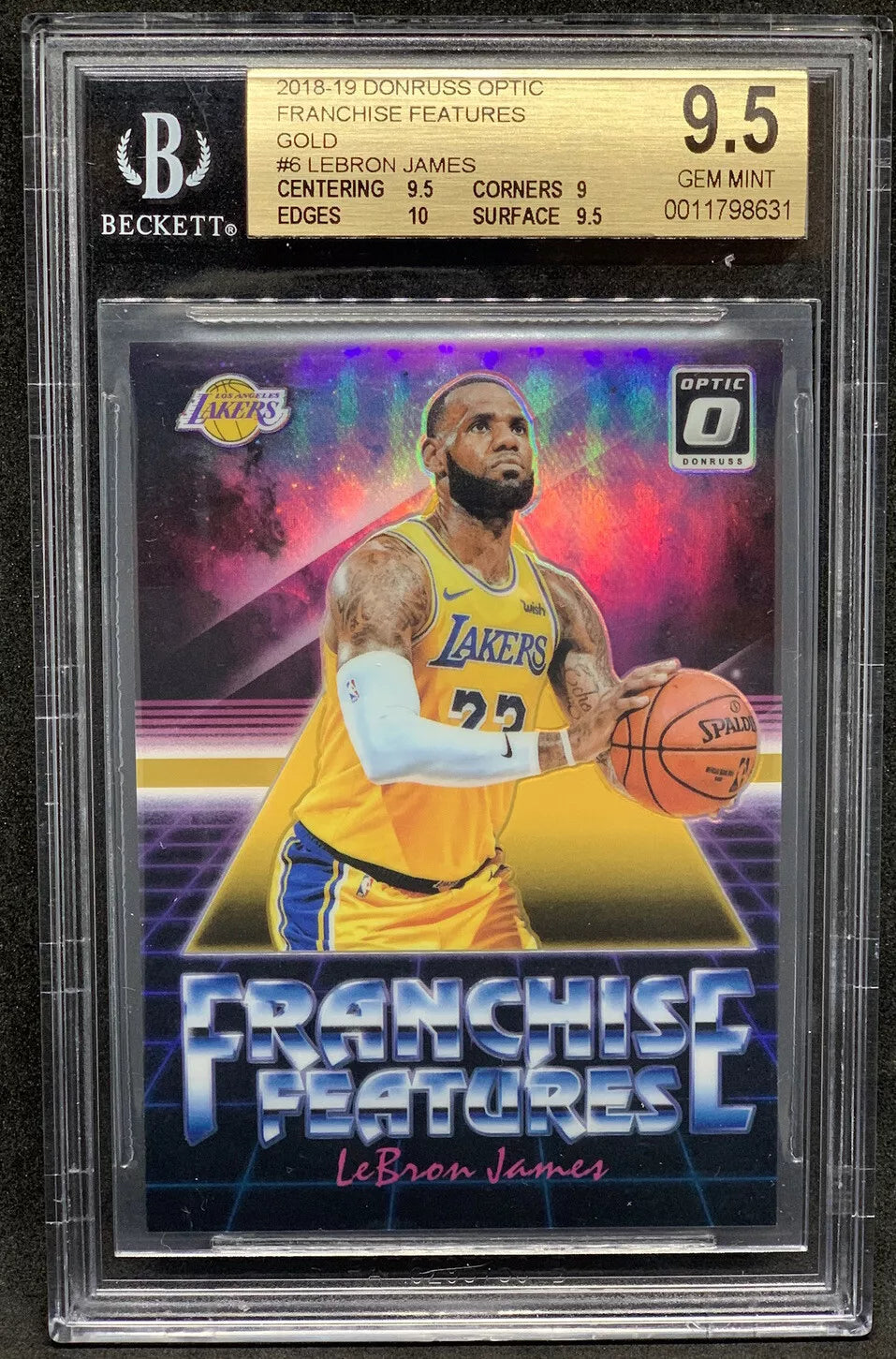 "2018-19 Donruss Optic Franchise Features Gold LeBron James BGS 9.5 Gem Mint, featuring LeBron in his Lakers jersey with a holographic gold design and bold 'Franchise Features' title."