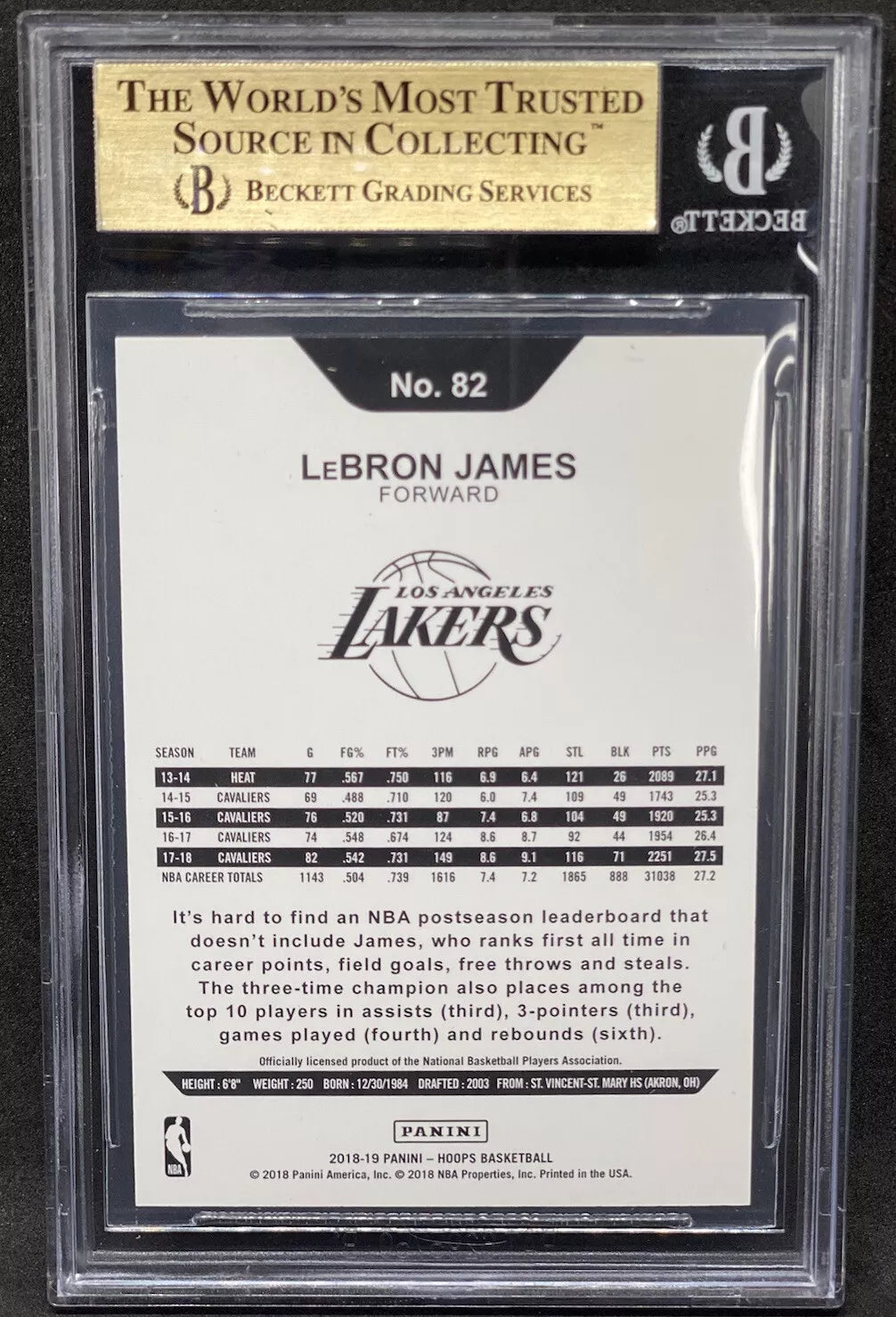 The back of a LeBron James 2018-19 Panini NBA Hoops Red Checkerboard card, showing career stats and a Lakers logo.